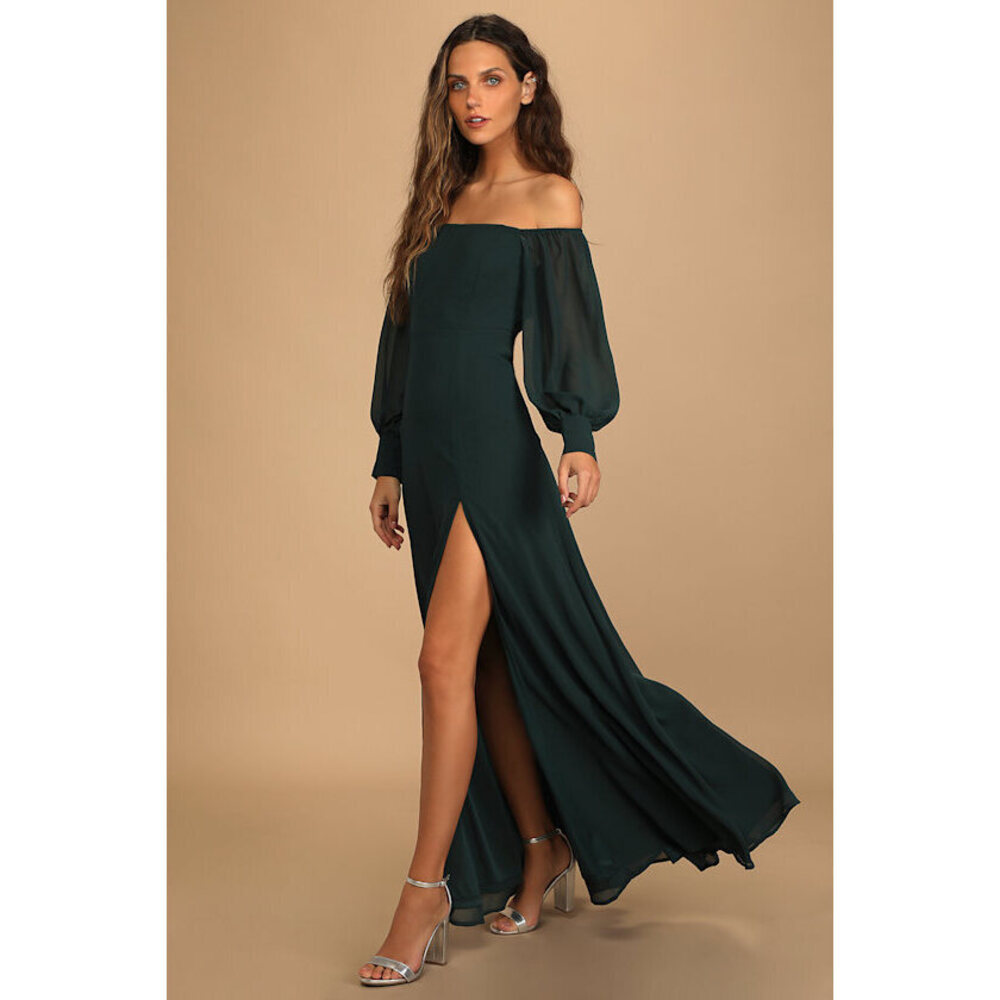 Lulus Feel The Romance Emerald Green Off-the-shoulder Maxi Dress - Size S